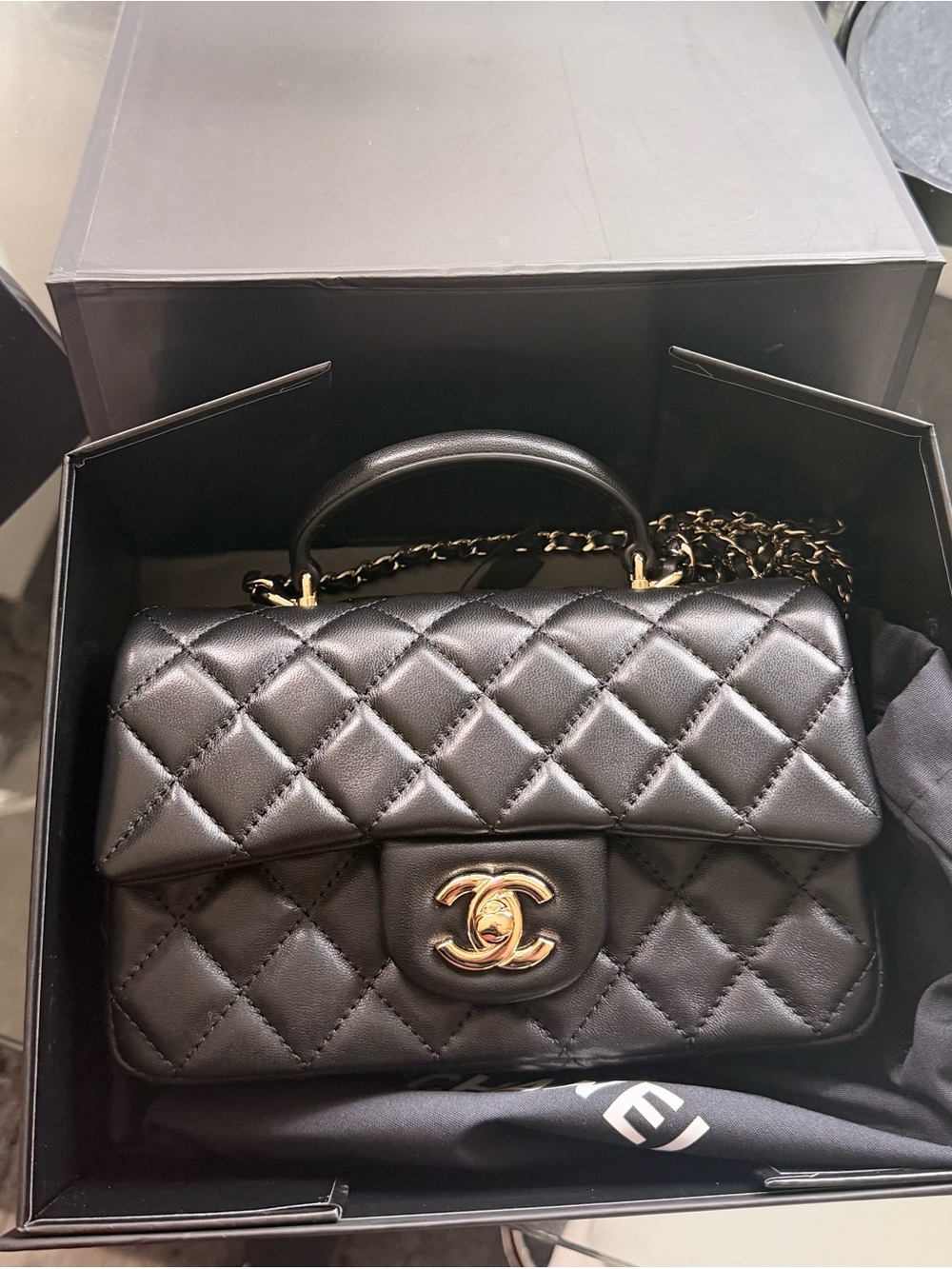 CHANEL Black Quilted Leather Top Handle Shoulder Bag with Gold Hardware